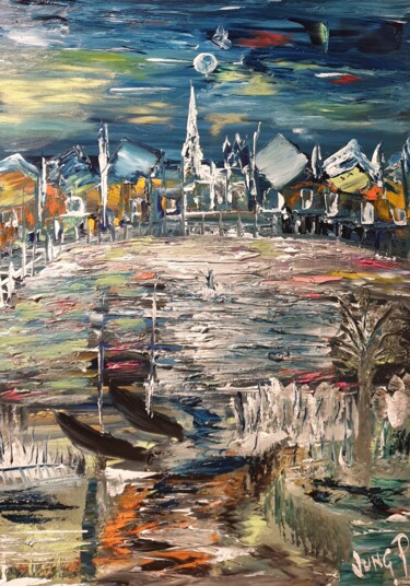 Painting titled "a village by night" by Pascal Jung, Original Artwork, Oil