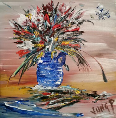 Malerei mit dem Titel "Le vase bleu" von Pascal Jung, Original-Kunstwerk, Öl