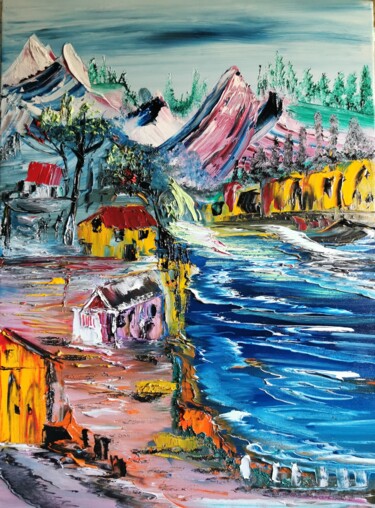 Painting titled "Le Village du Lac" by Pascal Jung, Original Artwork, Oil