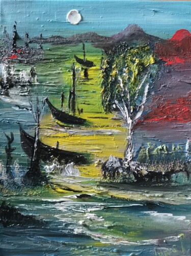 Картина под названием "Fisch boats in wait…" - Pascal Jung, Подлинное произведение искусства, Масло
