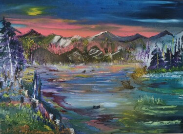 Painting titled "Le lac" by Pascal Jung, Original Artwork, Oil