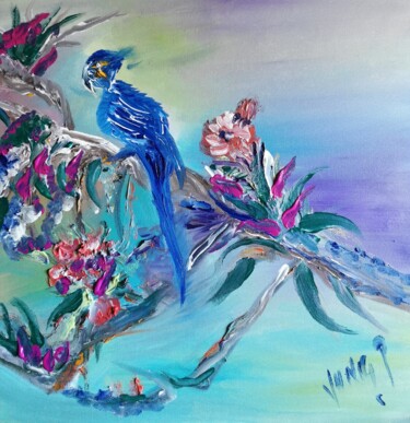 Painting titled "L'oiseau bleu" by Pascal Jung, Original Artwork, Oil