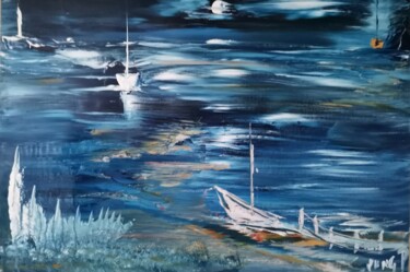 Schilderij getiteld "Blue lagoun" door Pascal Jung, Origineel Kunstwerk, Olie
