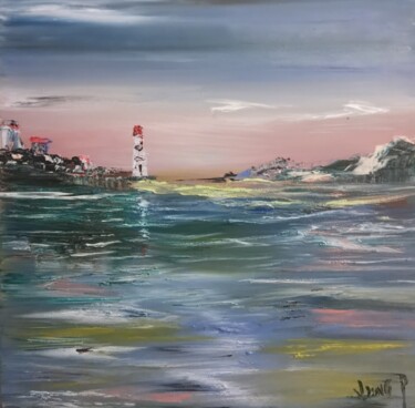 Painting titled "Le Phare aux ruines" by Pascal Jung, Original Artwork, Oil