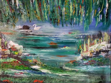 Painting titled "Mystery lake" by Pascal Jung, Original Artwork, Oil