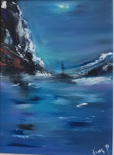 Pintura intitulada "Sombre dans l'océan" por Pascal Jung, Obras de arte originais, Óleo
