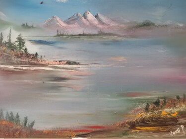 Schilderij getiteld "Bitwin lake and mou…" door Pascal Jung, Origineel Kunstwerk, Olie
