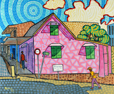 Malarstwo zatytułowany „Pink house in Maheb…” autorstwa Pascal Lagesse, Oryginalna praca, Akryl Zamontowany na Drewniana ram…