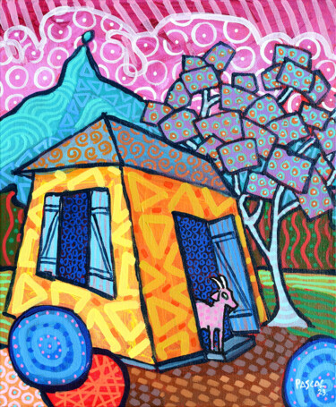 Картина под названием "Pink goat and yello…" - Pascal Lagesse, Подлинное произведение искусства, Акрил Установлен на Деревян…