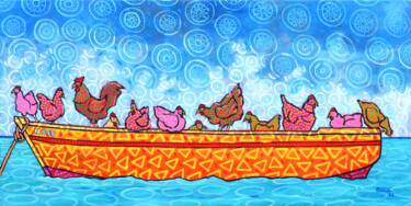 Картина под названием "Chickens on a boat" - Pascal Lagesse, Подлинное произведение искусства, Акрил Установлен на Деревянна…