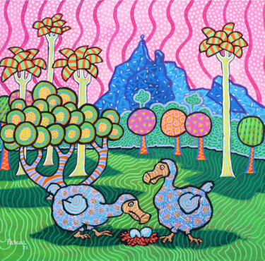 Painting titled "Dodo and family" by Pascal Lagesse, Original Artwork, Acrylic Mounted on Wood Stretcher frame