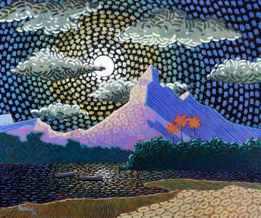 Картина под названием "Full moon on Tamari…" - Pascal Lagesse, Подлинное произведение искусства, Акрил Установлен на Деревян…