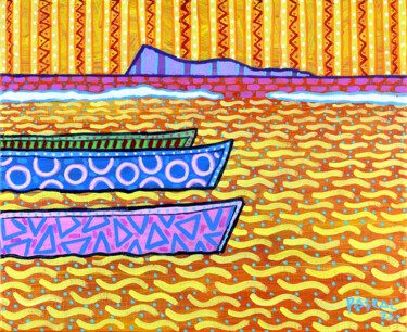 Painting titled "Three boats" by Pascal Lagesse, Original Artwork, Acrylic Mounted on Wood Stretcher frame