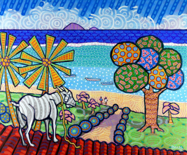 Ζωγραφική με τίτλο "A goat on the roof" από Pascal Lagesse, Αυθεντικά έργα τέχνης, Ακρυλικό Τοποθετήθηκε στο Ξύλινο φορείο σ…