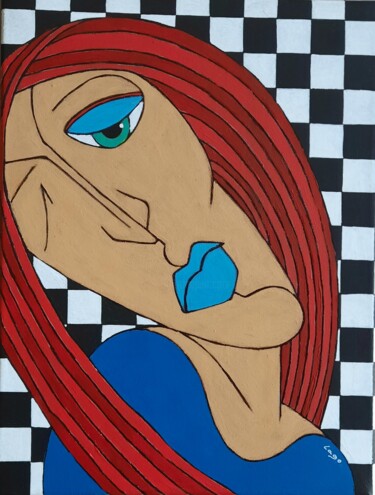 Painting titled "Portrait féminin 4" by Pascal Lago, Original Artwork, Acrylic Mounted on Wood Stretcher frame
