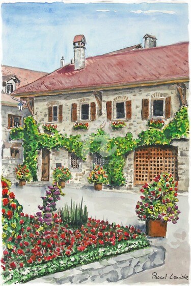 Painting titled "Place fleurie Yvoire" by Pascal Lenoble, Original Artwork, Watercolor
