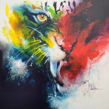 Painting titled "Abstract Tiger" by Pascal Merlin, Original Artwork, Acrylic Mounted on Wood Stretcher frame