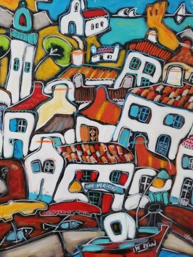 Painting titled "Port Joinville" by Pascal Milcendeau, Original Artwork, Acrylic Mounted on Wood Stretcher frame