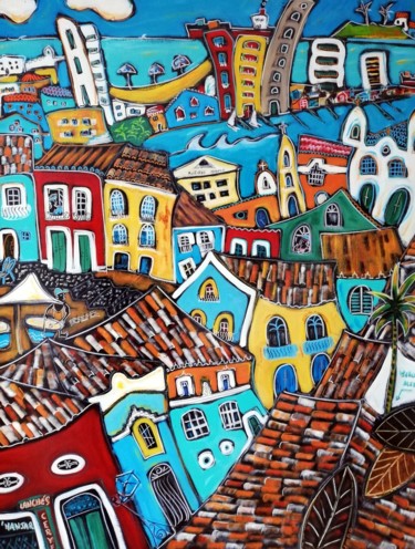 Painting titled "La ville haute" by Pascal Milcendeau, Original Artwork, Acrylic Mounted on Wood Stretcher frame