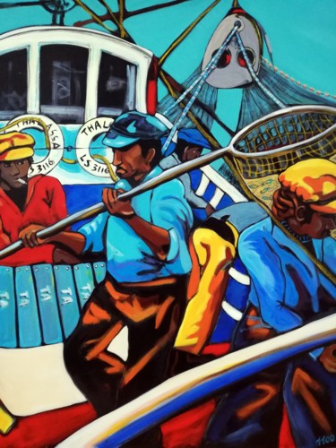 Pintura titulada "Tous sur le pont!" por Pascal Milcendeau, Obra de arte original, Acrílico Montado en Bastidor de camilla d…