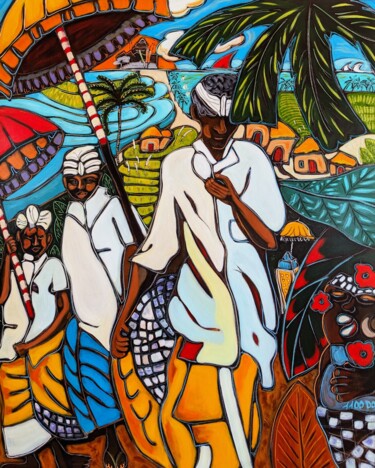 Painting titled "Procession balinaise" by Pascal Milcendeau, Original Artwork, Acrylic Mounted on Wood Stretcher frame