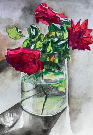 Painting titled "Bouquet de roses" by Pascal Newton, Original Artwork, Watercolor