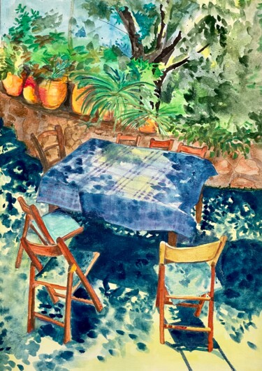 Painting titled "La terrasse au sole…" by Pascal Newton, Original Artwork, Watercolor
