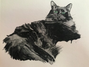 Painting titled "La chatte Zoé" by Pascal Newton, Original Artwork, Watercolor