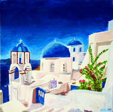 Painting titled "Santorin, les 3 dôm…" by Pascal Poutchnine, Original Artwork, Acrylic Mounted on Metal