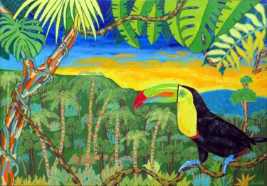 Painting titled "Toucan le fou" by Pascal Poutchnine, Original Artwork, Acrylic Mounted on Wood Stretcher frame