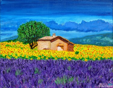 Painting titled "Paysage provençal" by Pascal Poutchnine, Original Artwork, Acrylic Mounted on Wood Stretcher frame