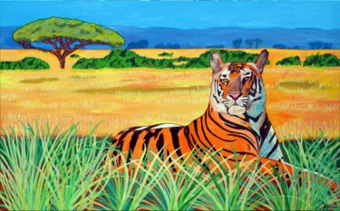 Картина под названием "Un tigre dans la sa…" - Pascal Poutchnine, Подлинное произведение искусства, Акрил Установлен на Дере…