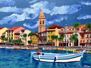 Painting titled "Port de Sanary-sur-…" by Pascal Poutchnine, Original Artwork, Acrylic Mounted on Wood Stretcher frame