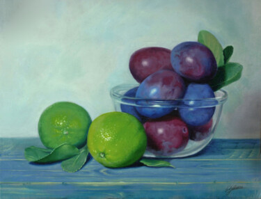 Painting titled "Citrons verts et pr…" by Pascal Roskam, Original Artwork, Oil