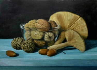 Painting titled "Champignons et noix" by Pascal Roskam, Original Artwork, Oil