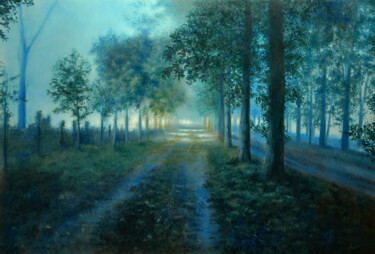 Painting titled "L'Allée des Paons" by Pascal Roskam, Original Artwork, Oil Mounted on Wood Stretcher frame