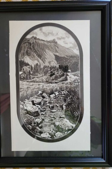 Drawing titled "La source du Var" by Pascal Roubaud, Original Artwork, Ink Mounted on Glass