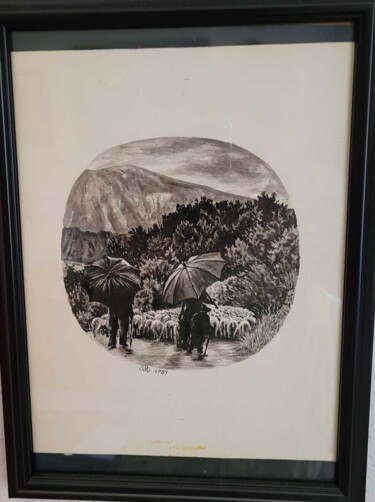 Drawing titled "Transhumance" by Pascal Roubaud, Original Artwork, Ink Mounted on Glass