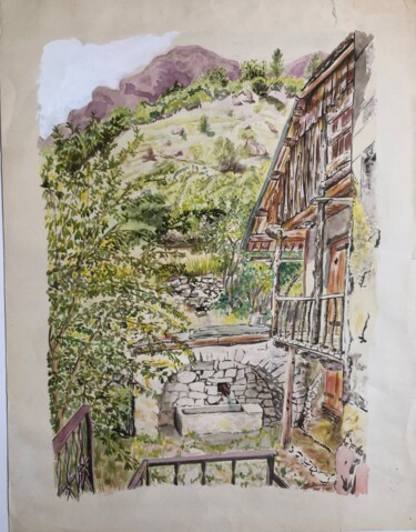 Disegno intitolato "Vieille ferme à la…" da Pascal Roubaud, Opera d'arte originale, Inchiostro Montato su Vetro