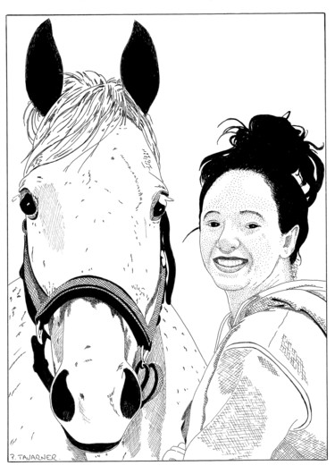Dessin intitulée "La fille au cheval" par Pascal Tavarner, Œuvre d'art originale, Encre
