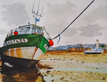 Painting titled "Bateau de pêche dan…" by Pascale Alloncle, Original Artwork, Watercolor