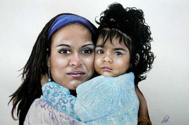 Schilderij getiteld "Portrait Maman et s…" door Pascale Alloncle, Origineel Kunstwerk, Aquarel