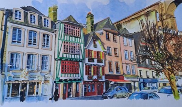 Painting titled "Morlaix – Place des…" by Pascale Alloncle, Original Artwork, Watercolor