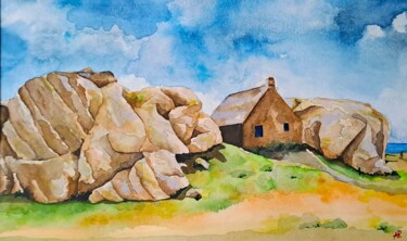 Pintura intitulada "Maison entre les ro…" por Pascale Alloncle, Obras de arte originais, Aquarela