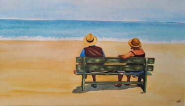 Pintura intitulada "Couple en bord de m…" por Pascale Alloncle, Obras de arte originais, Aquarela