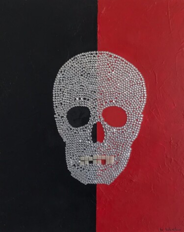 Painting titled "Skull à paillettes" by Pascale De Iudicibus, Original Artwork, Acrylic Mounted on Wood Stretcher frame