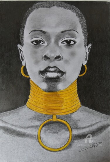 Рисунок под названием "Beauté Africaine au…" - Pascale Scheip, Подлинное произведение искусства, Графит