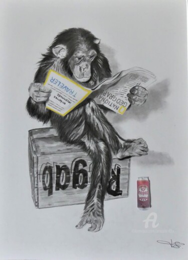 Rysunek zatytułowany „Le chimpanzé à la R…” autorstwa Pascale Scheip, Oryginalna praca, Grafit