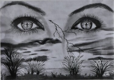 Desenho intitulada "Le regard, Miroir d…" por Pascale Scheip, Obras de arte originais, Grafite