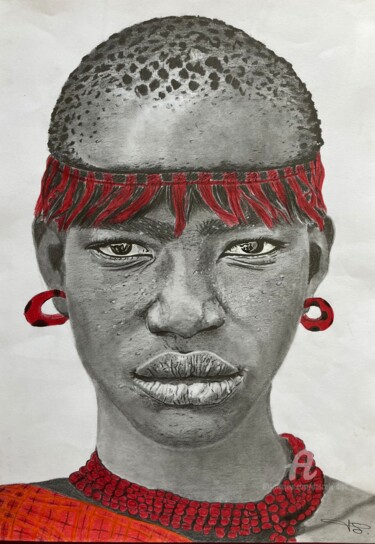 Disegno intitolato "Femme d’Ethiopie" da Pascale Scheip, Opera d'arte originale, Matita